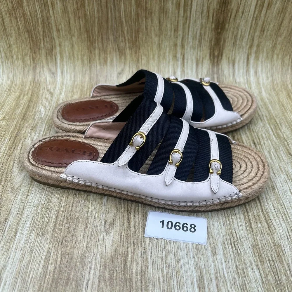 Coach Devon Espadrille Sandals Women's Size 6 White Leather Buckle Striped